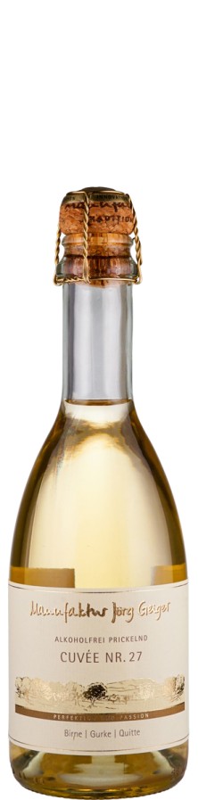 Prisecco alkoholfrei Cuvée Nr. 27 Birne, Gurke, Quitte - halbe Flasche - Manufaktur Jörg Geiger Prisecco alkoholfrei Cuvée Nr. 27 Birne, Gurke, Quitte - halbe Flasche - Manufaktur Jörg Geiger